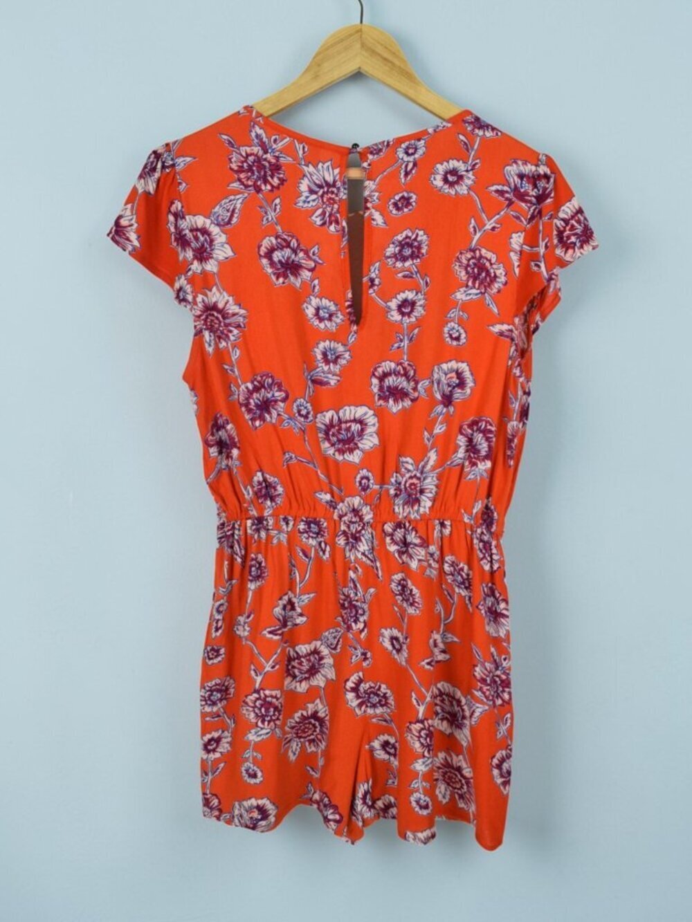 ANGIE BOHO ORANGE & RED FLORAL ROMPER ELASTIC WAIST - Picture 4 of 7